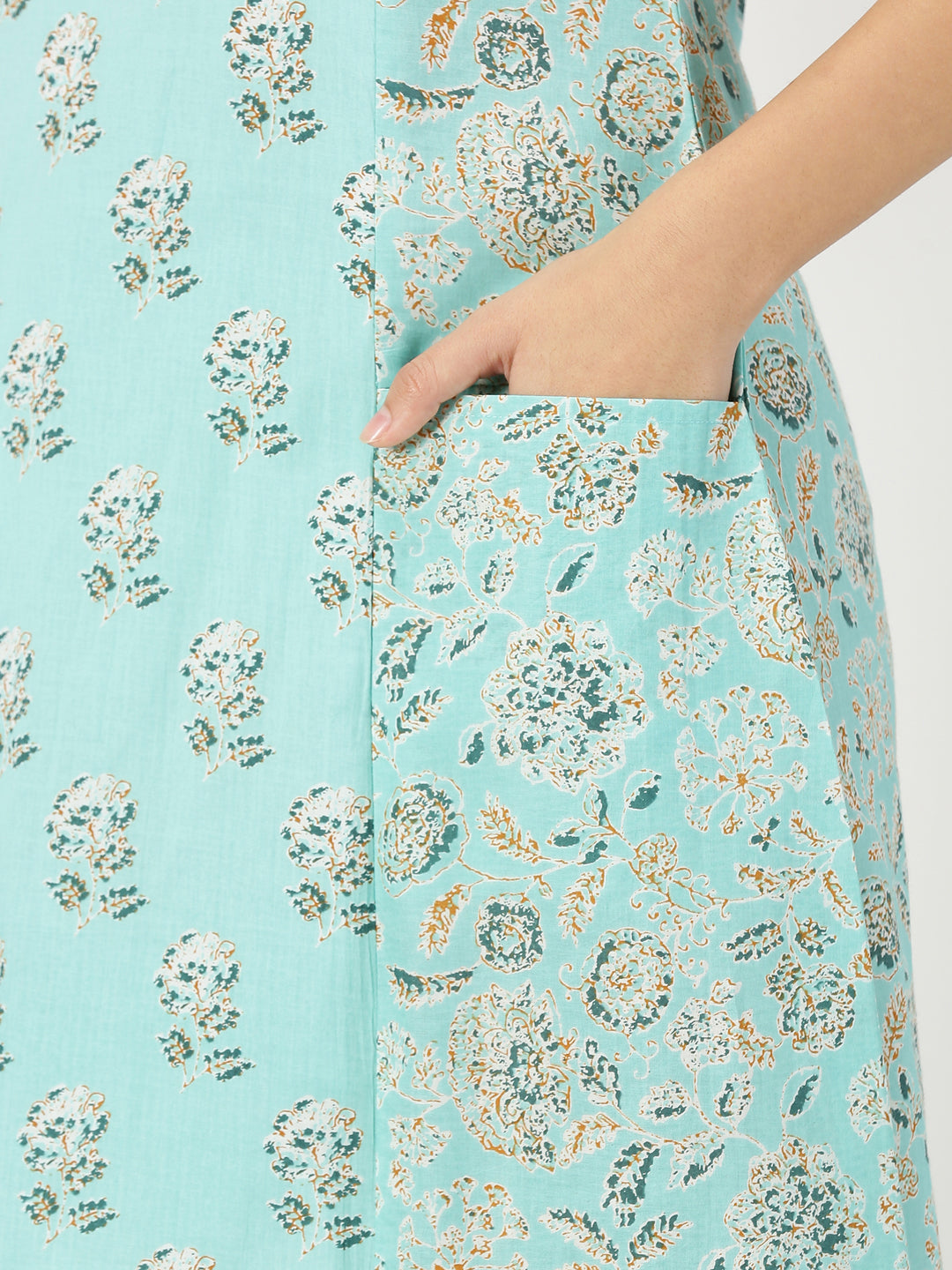 Turquoise Blue Floral Print Panelled Midi Dress