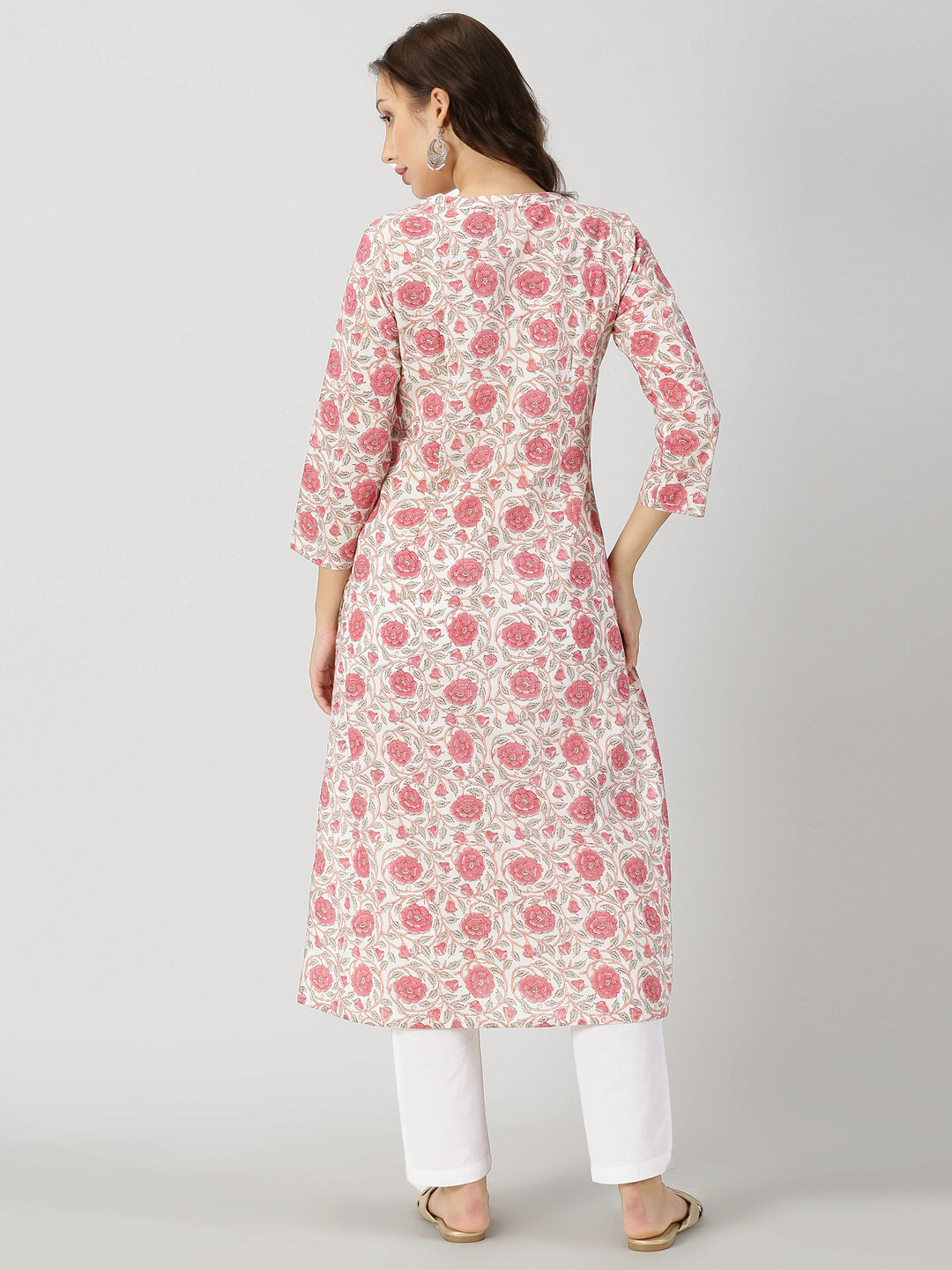 White-Pink Floral Print Kurta with Neck Embroidery