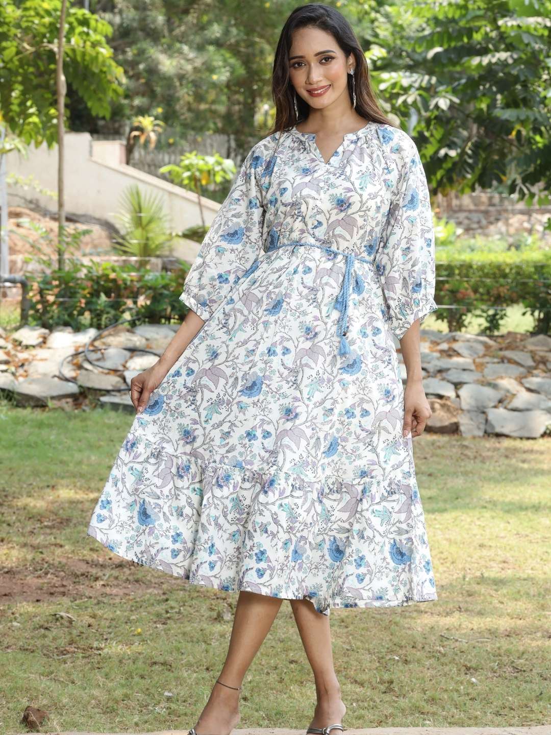 Bridesmaid Dress Blue Floral Boho Dress White Tropical Print Boho Midi  Dress  Saffron Threads