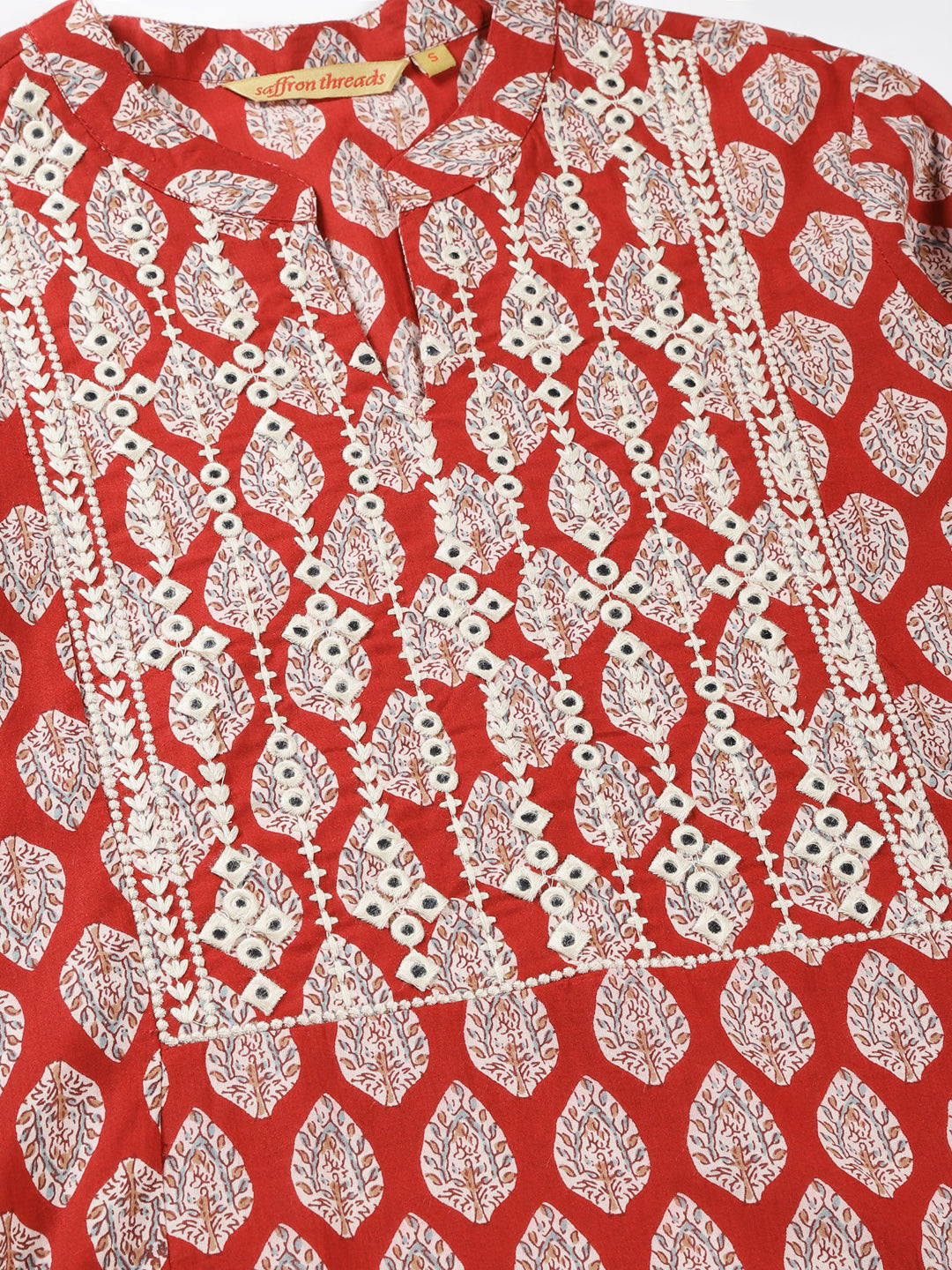 Red Leaf Print Cotton Kurta with Yoke Embroidery