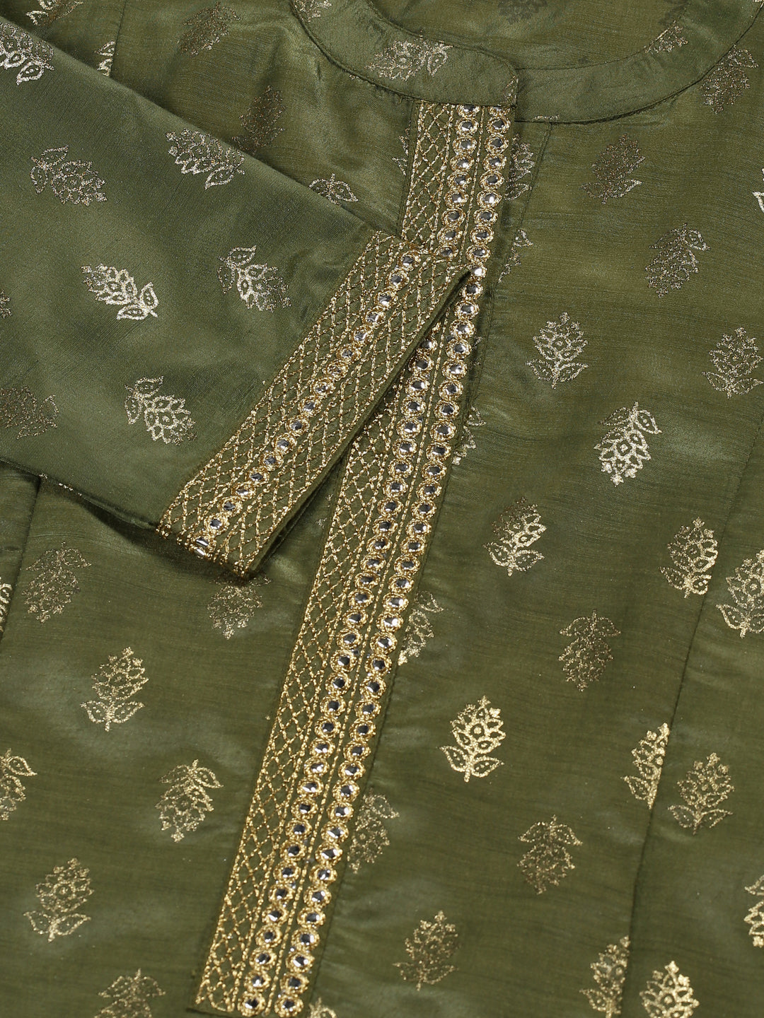 Olive Green Ethnic Motifs Gold Printed Kurta with Trousers & Dupatta