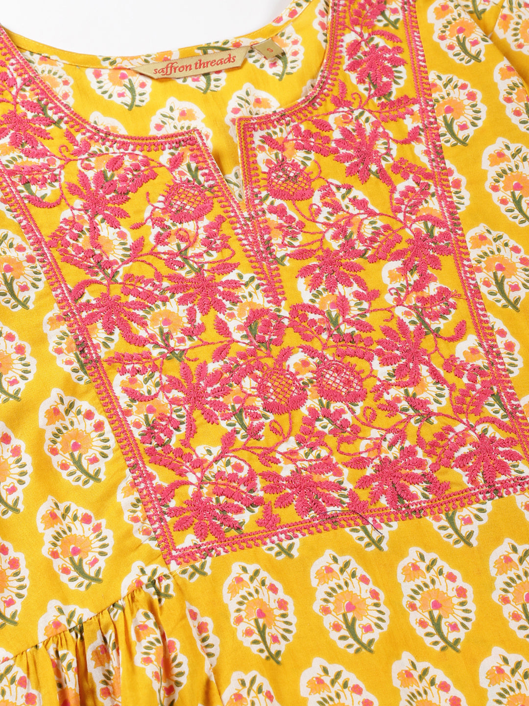 Yellow Sanganeri Floral  Kurta with Yoke Embroidery