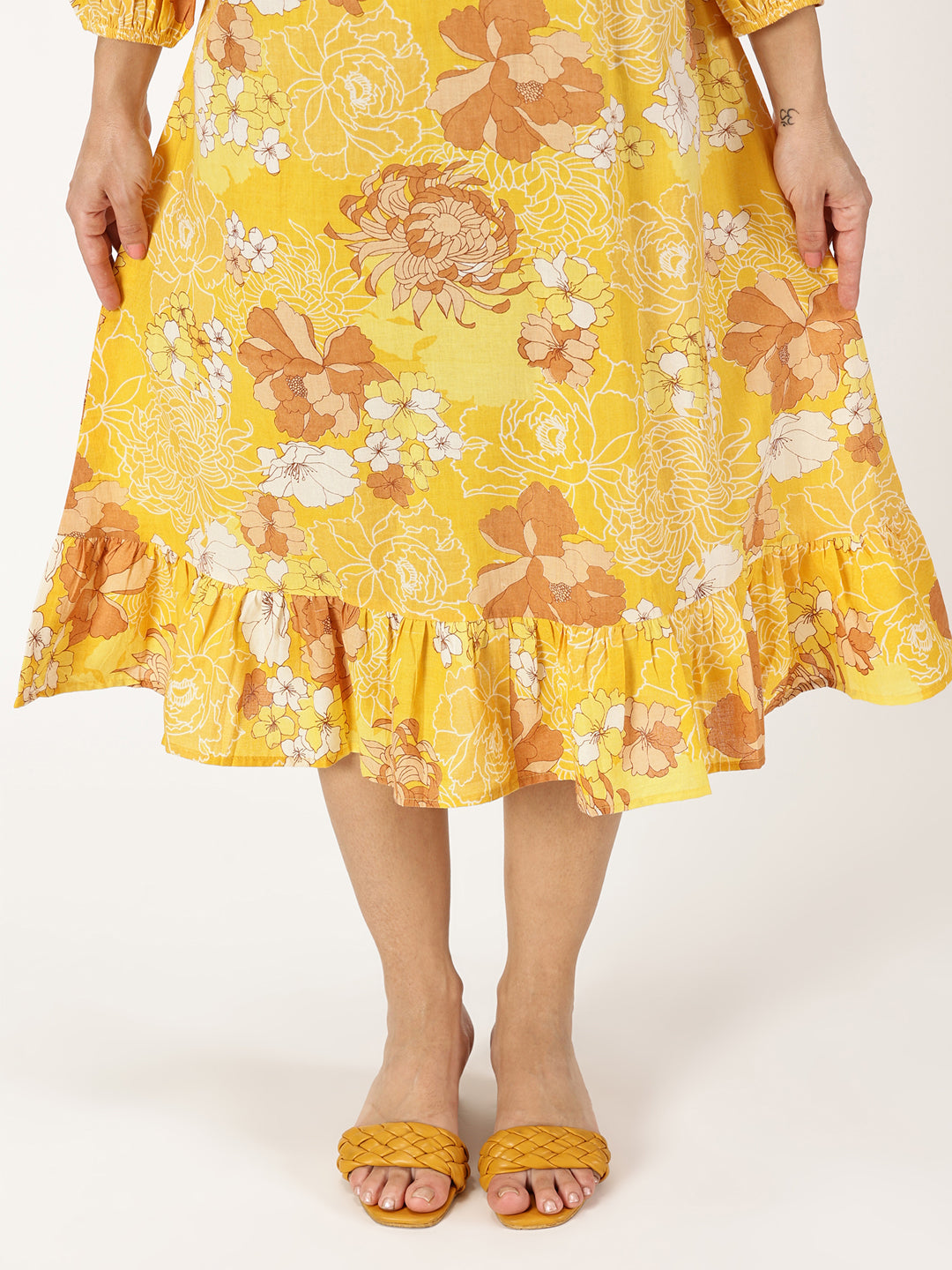 Yellow Floral Print Midi Dress