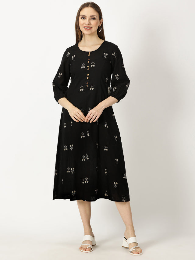 Black Princess Panelled Woven Cotton Dress – Saffron Threads