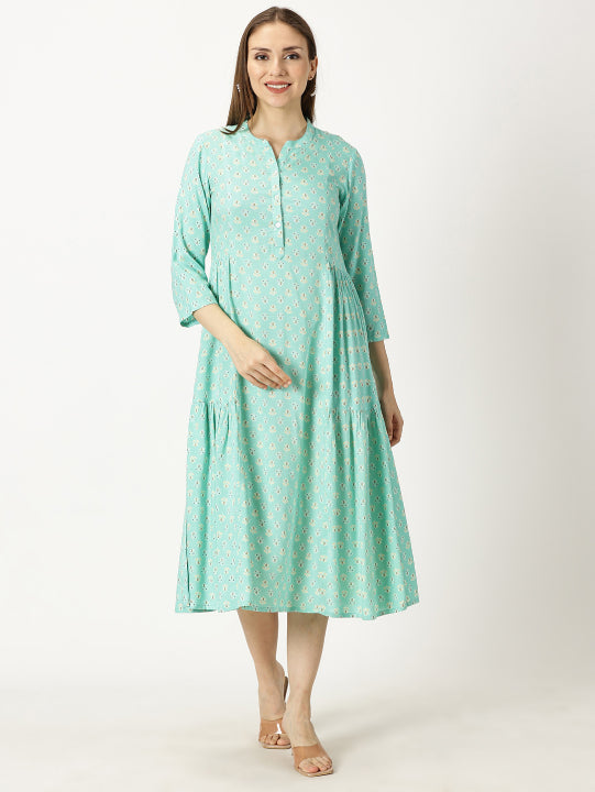 Sea Green Printed Rayon Dress with Side Gathers Saffron Threads Sea Green Printed Rayon Dress with Side Gathers Saffron Threads