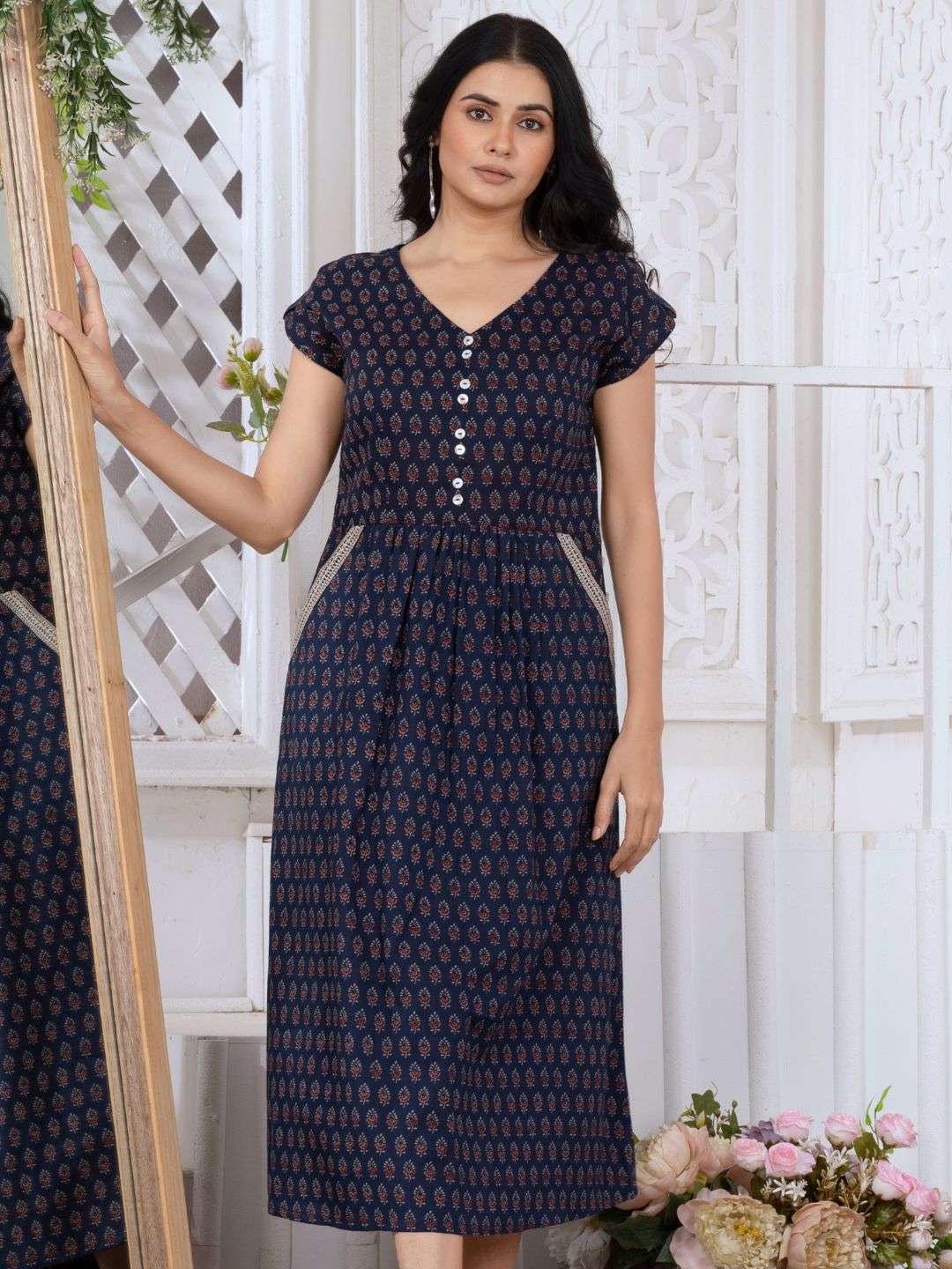 Navy Blue Indie Motifs Midi Dress – Saffron Threads