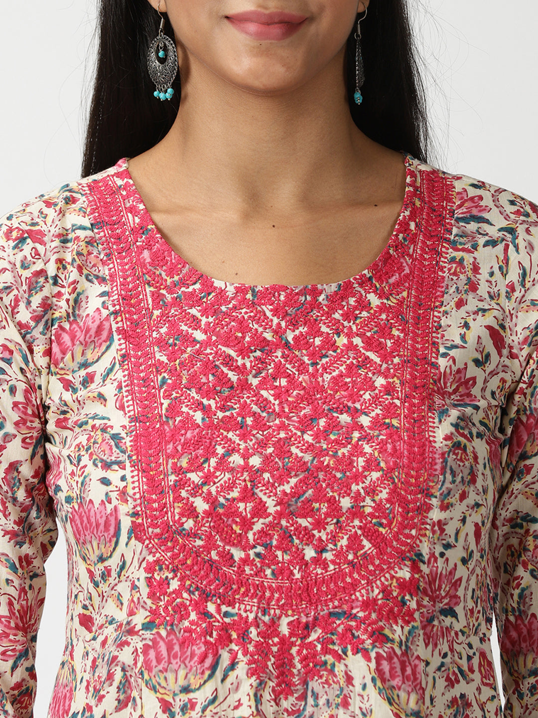 Pink Floral Printed Cotton Kurta with Yoke Embroidery