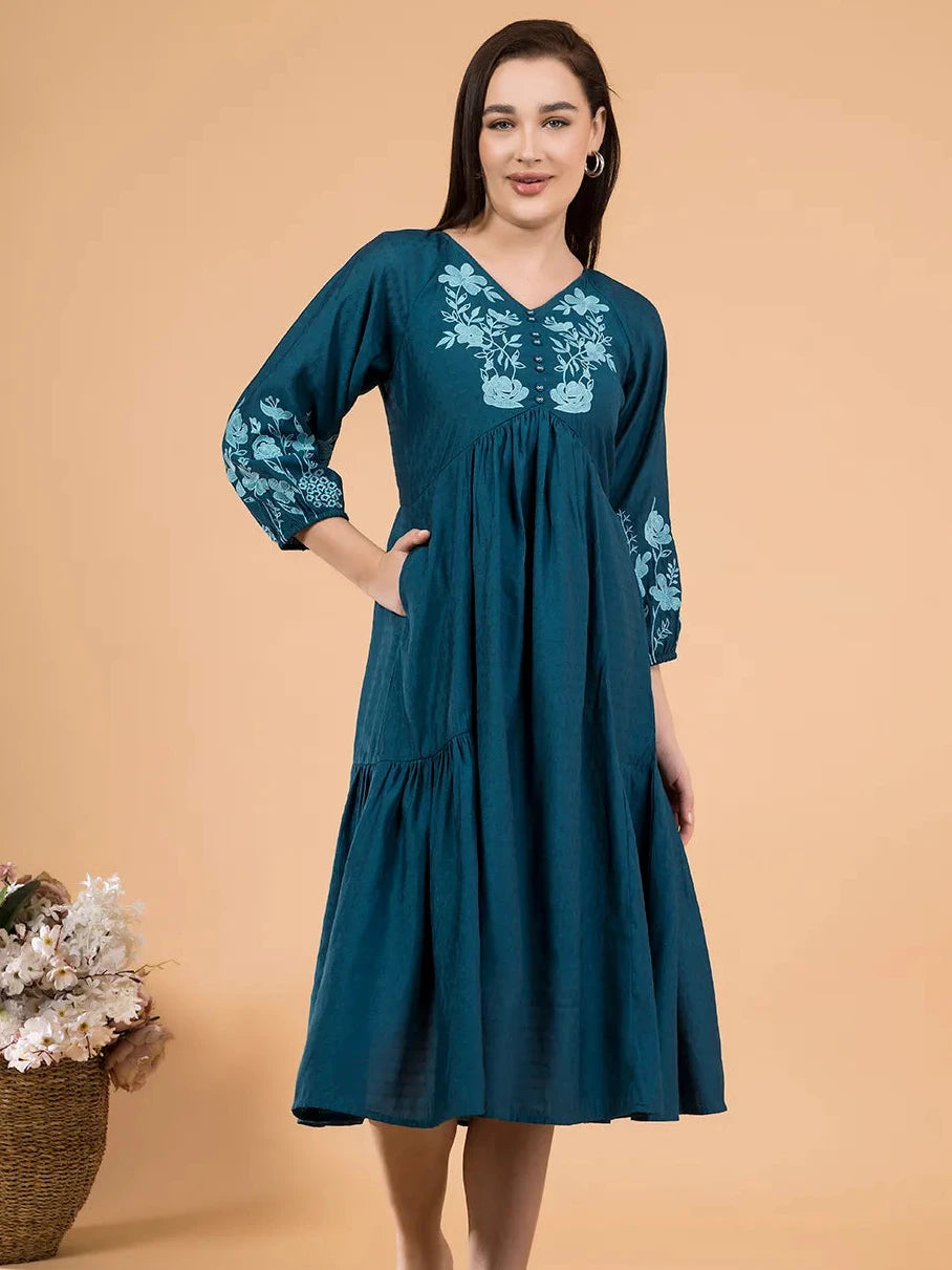 Teal Boho Dress with Floral Embroidery Saffron Threads Teal Boho Dress with Floral Embroidery Saffron Threads