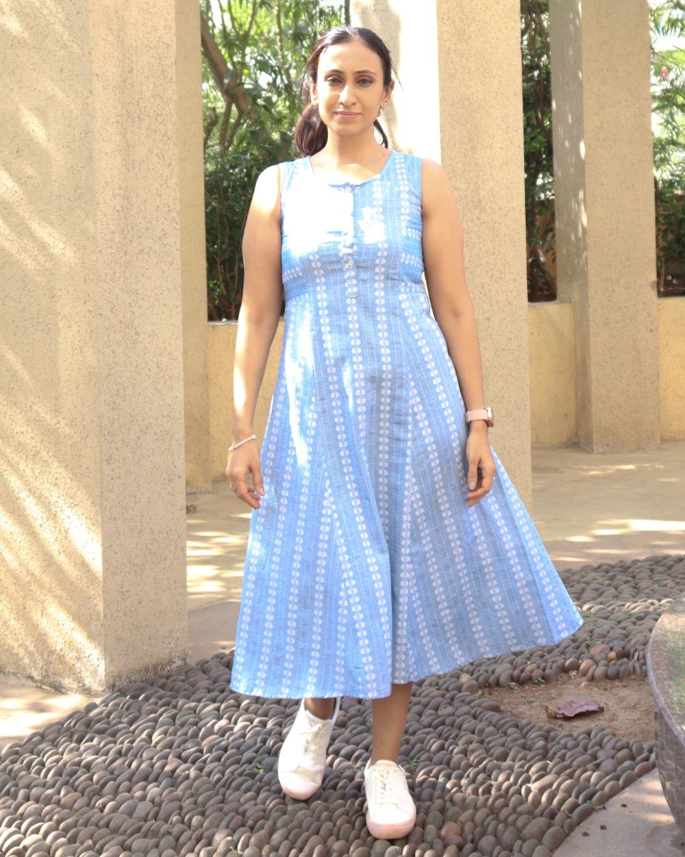 Light Blue Cotton Woven Design A-Line Dress