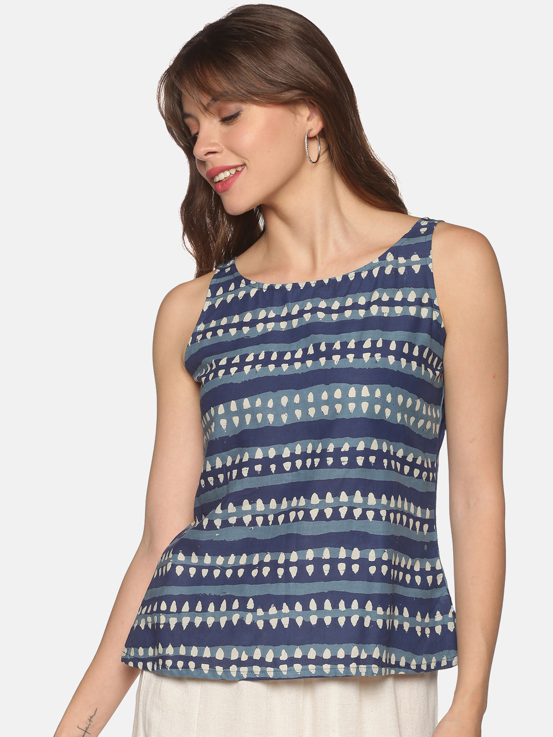 Blue Dhabu Printed Sleeveless Top with Back Button-Down Placket
