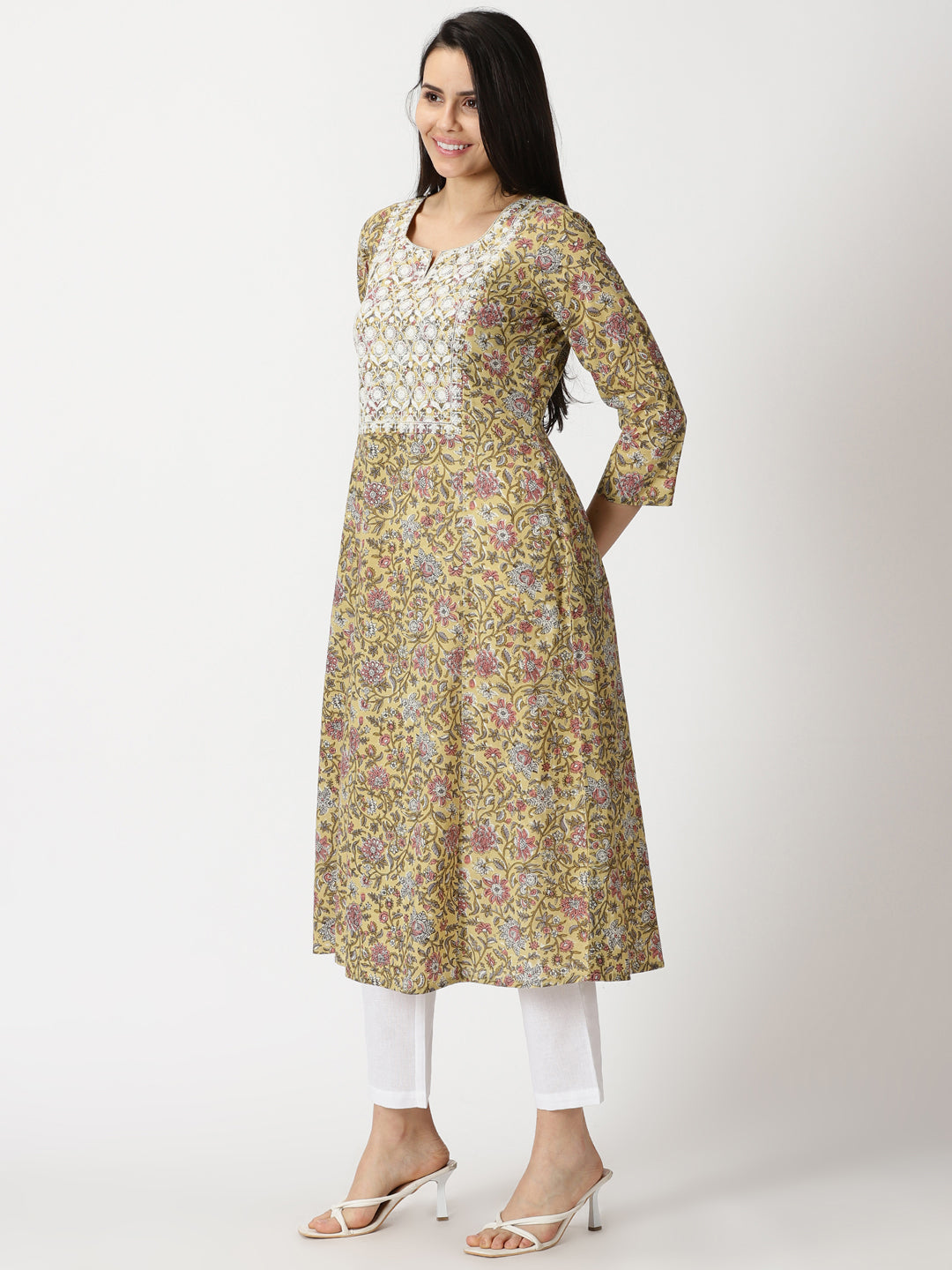 Yellow Floral Print A-line Kurta with Lucknowi Chikankari Embroidery