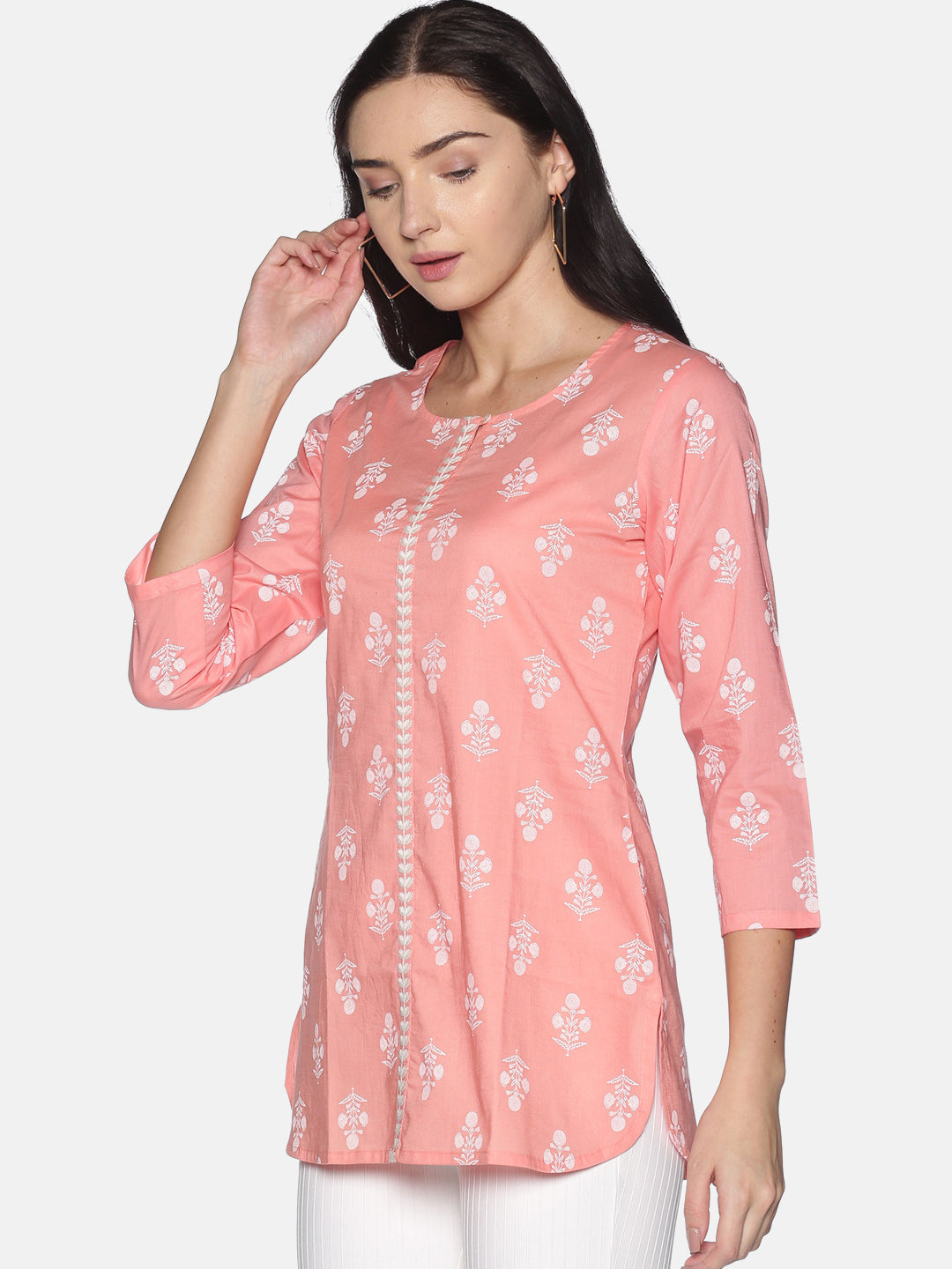 Peach Cotton Printed Tunic With Embroidered Placket With Round Hem