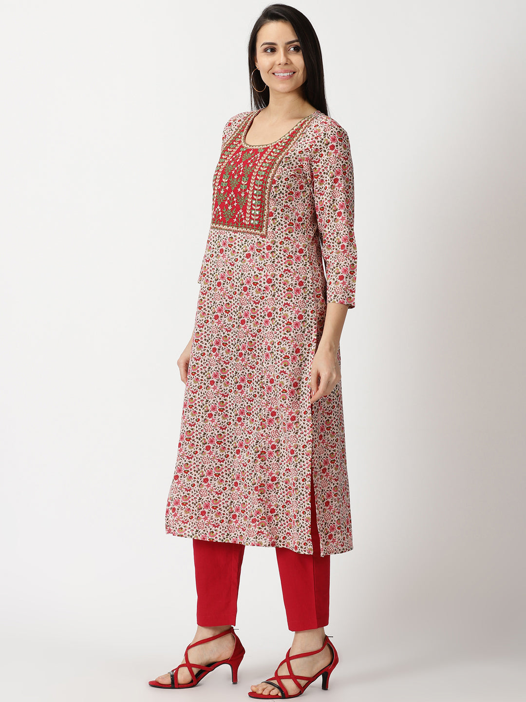 Red Floral Print Kurta with Yoke Embroidery