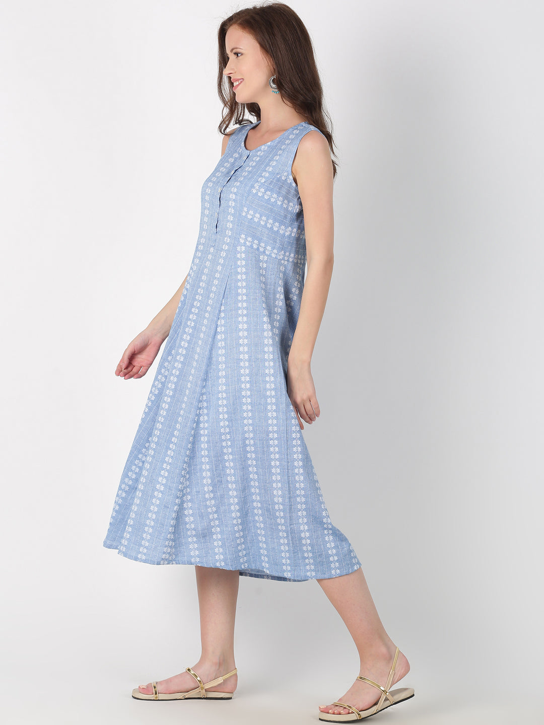 Light Blue Cotton Woven Design A-Line Dress