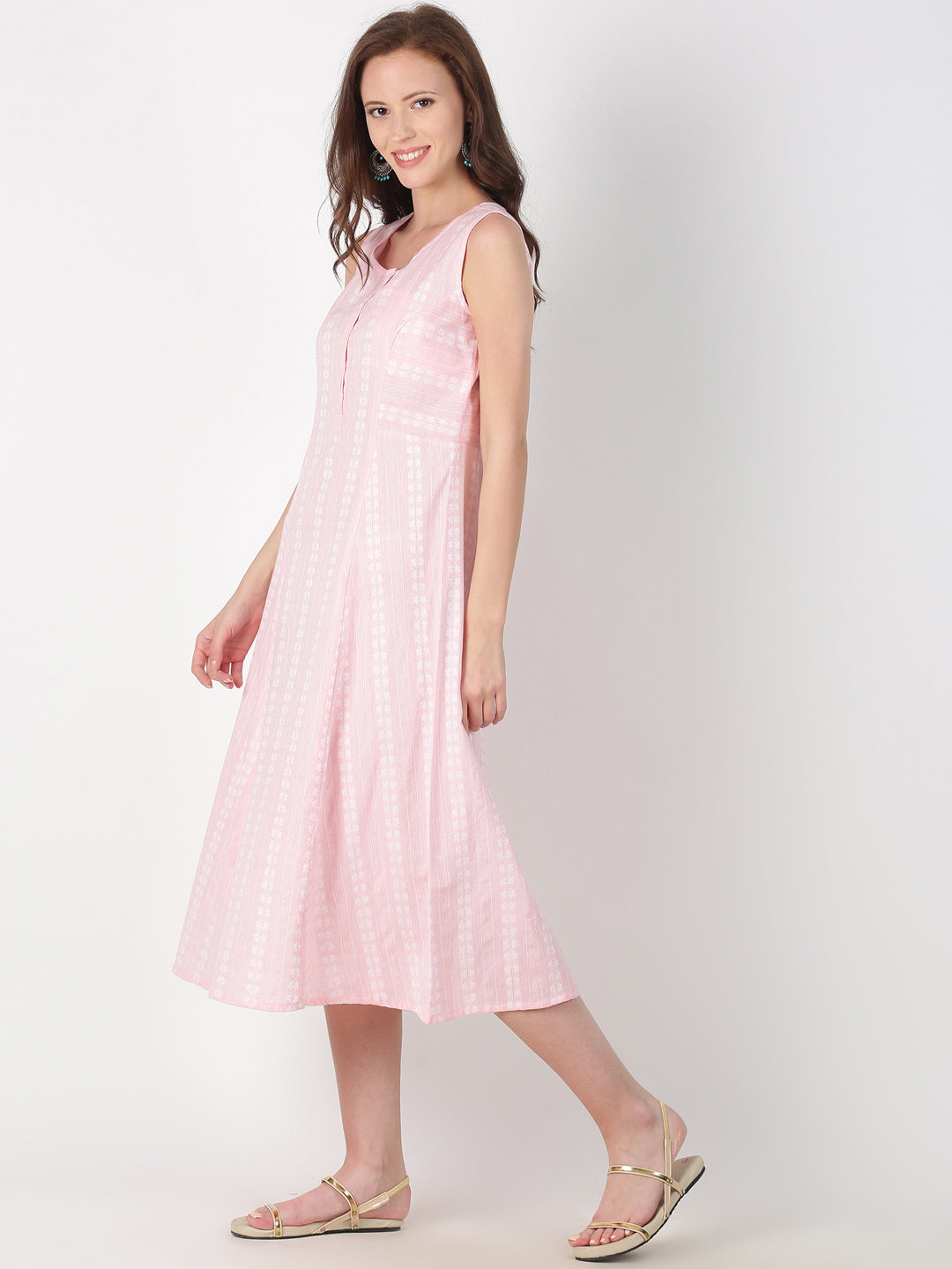 Light Pink Cotton Woven Design A-Line Dress