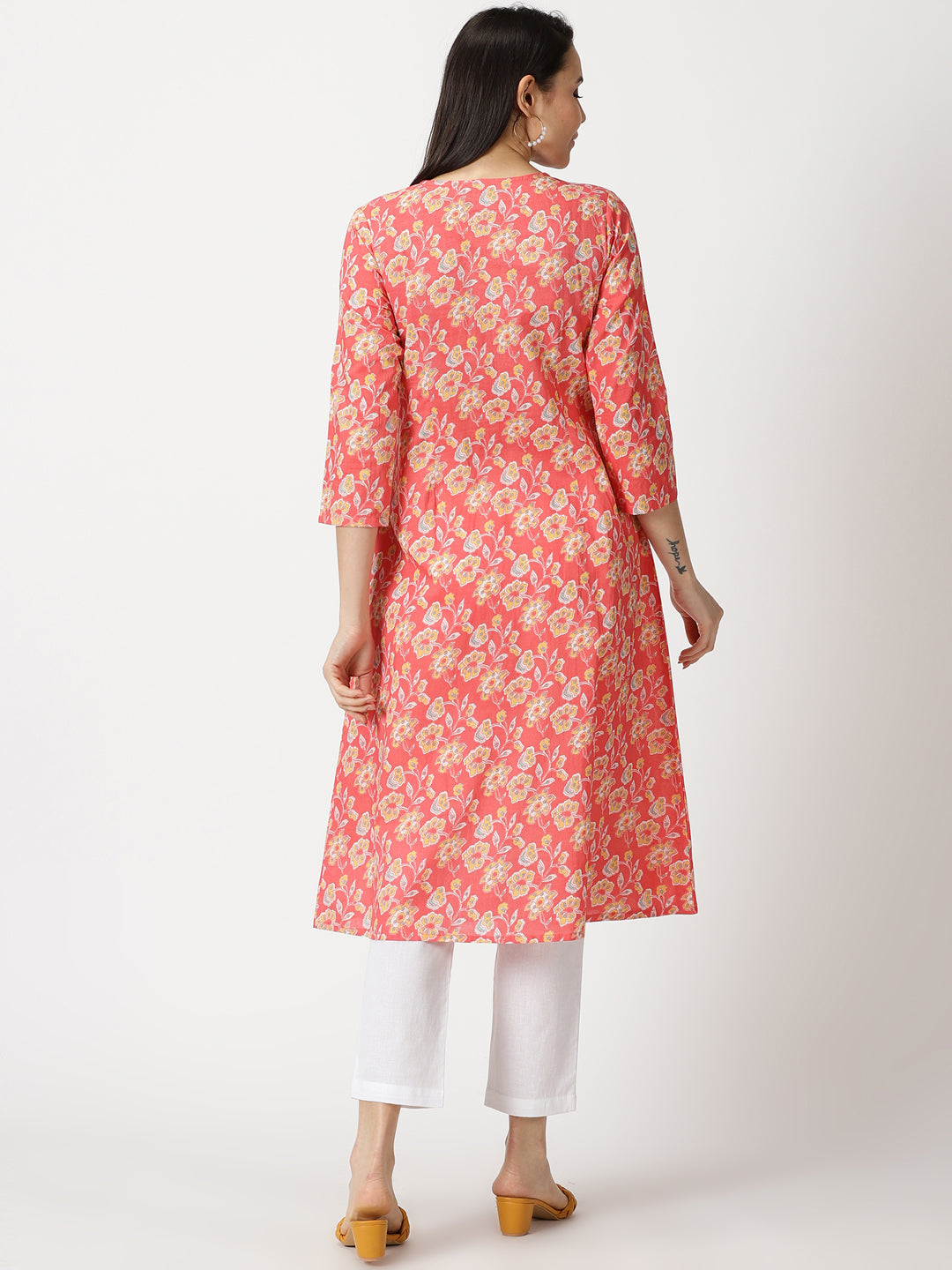 Coral Floral Print A-line Kurta with Lucknowi Chikankari Embroidery