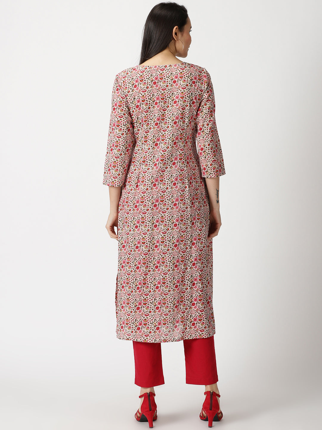 Red Floral Print Kurta with Yoke Embroidery