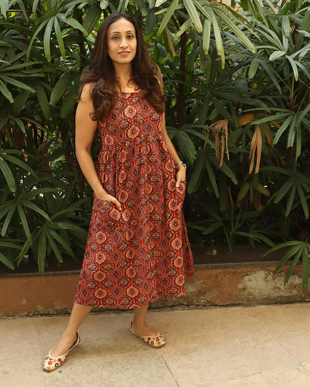 Red Ethnic Motifs Printed A-line Strappy Dress with Front Pockets