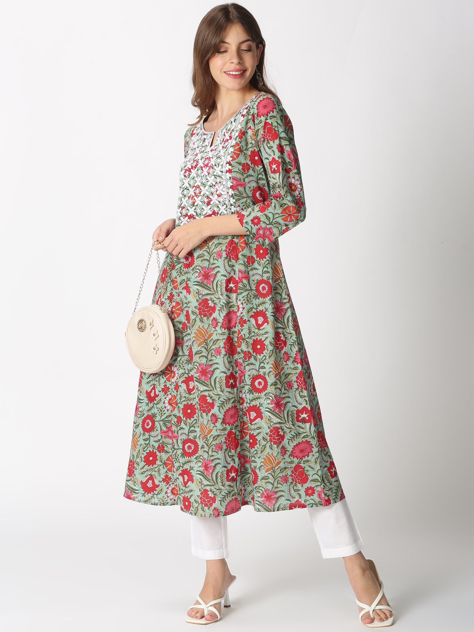 Turquoise Blue Cotton Floral Printed A-line Kurta with Lucknowi Chikankari Embroidered Neck