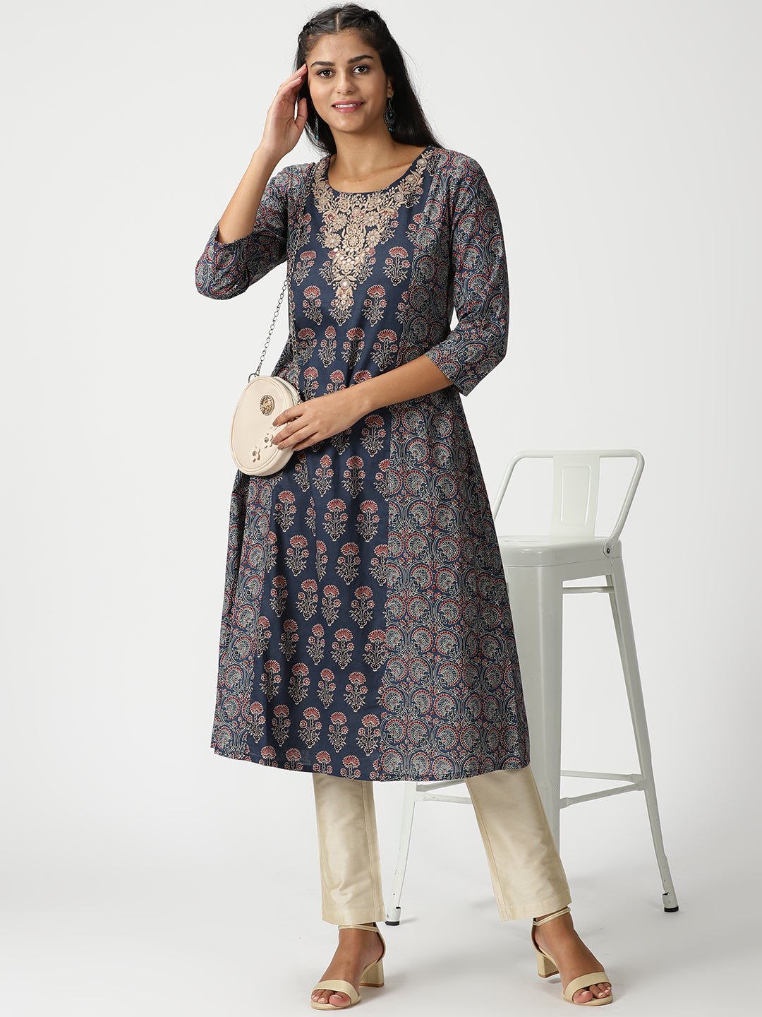 Navy Blue Ethnic Motifs Printed Panelled Kurta with Neck Embroidery