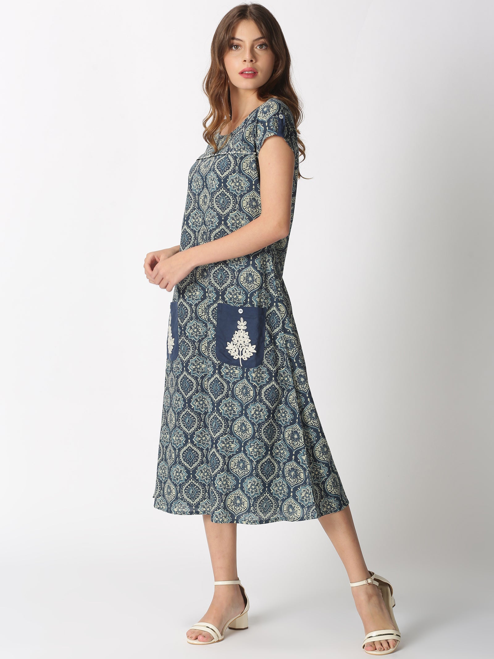 Blue Ethnic Motifs Midi Dress with Embroidered Patch Pockets & Shoulder Tabs