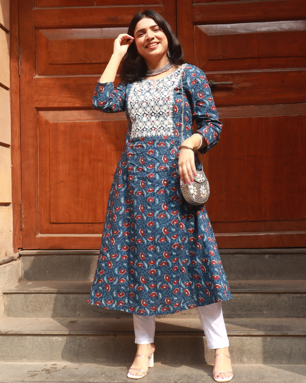 Blue Floral Printed Cotton Kurta with Lucknowi Chikankari Embroidery