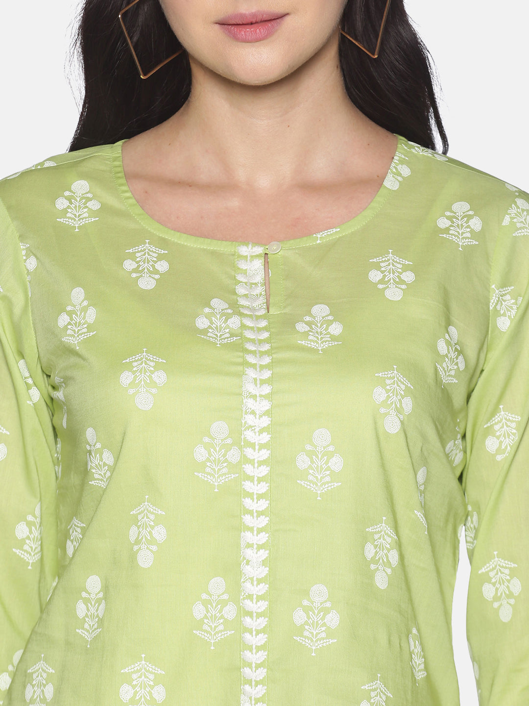 Green Cotton Printed Tunic With Embroidered Placket With Round Hem