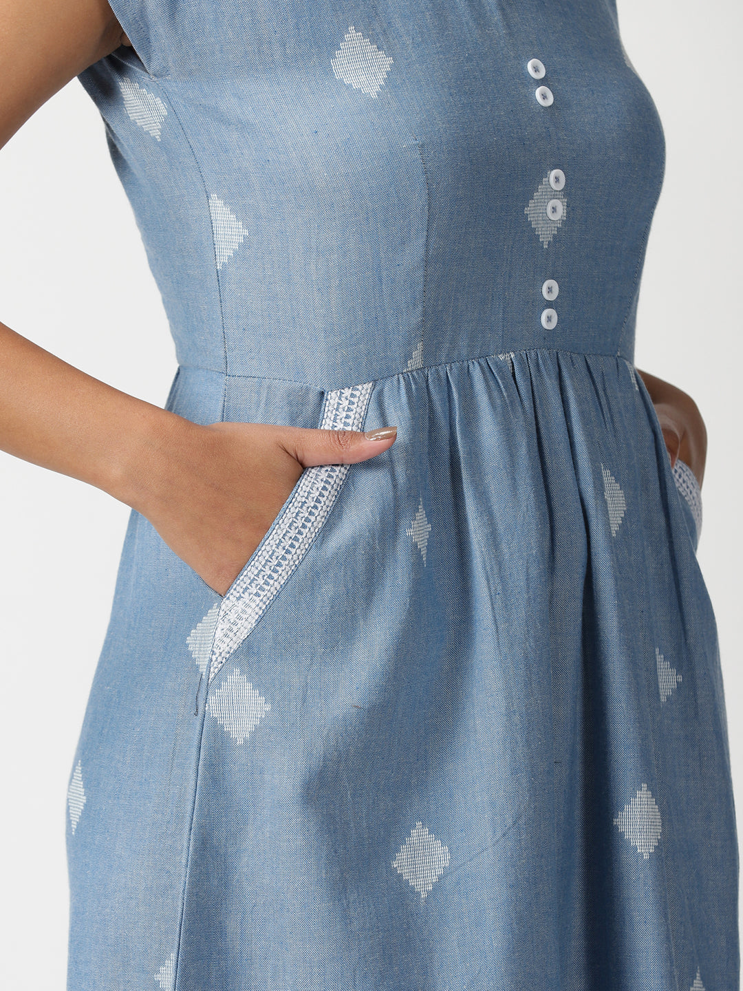 Blue Geometric Woven Design Midi Dress with Embroidered Pockets