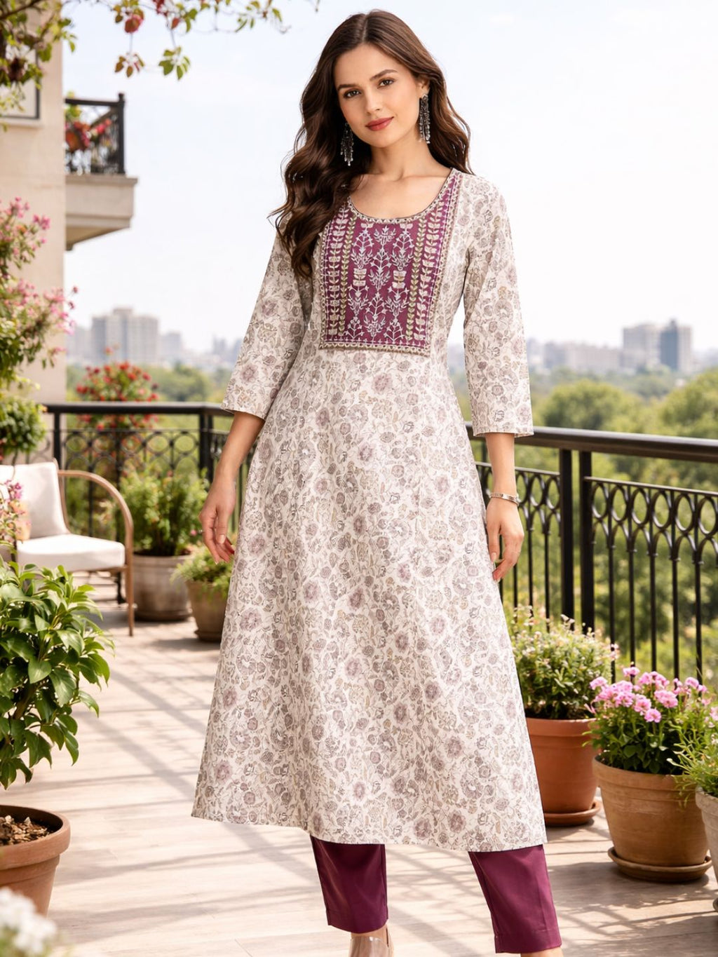 Plum Printed Cotton Kurta with Yoke Embroidery
