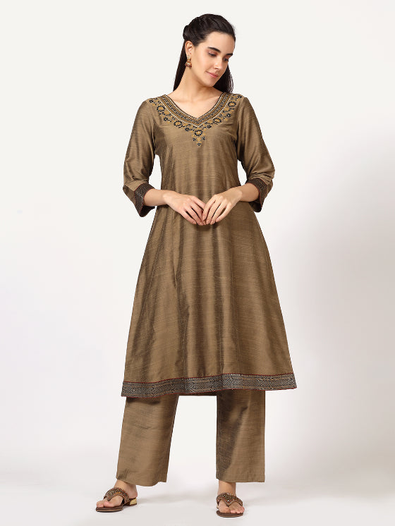 Gold Art Silk Embroidered Kurta Set with Brocade Lace