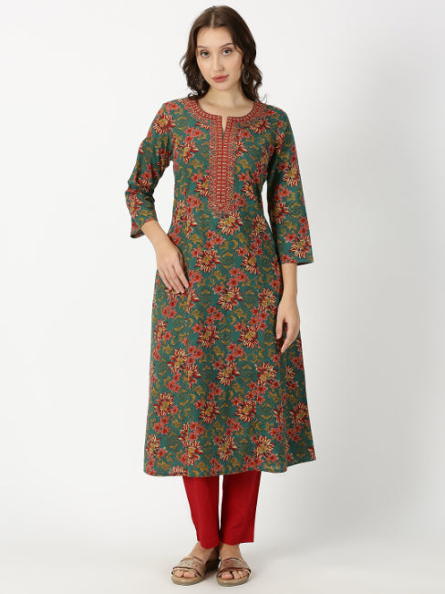 Green Ethnic Floral Print Kurta with Neck Embroidery