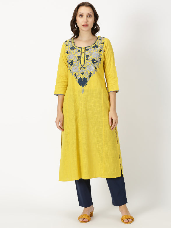 Yellow Slub Kurta with Kashida Embroidery