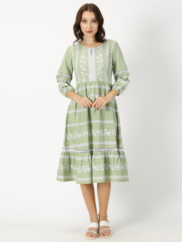 Pastel Green Boho Embroidered Midi Dress