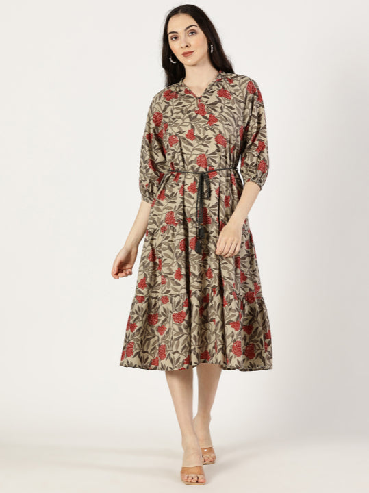 Rust Tropical Print Cotton Dress with Waist Tie-up