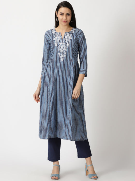 Blue Striped A-line Cotton Kurta with Yoke Embroidery