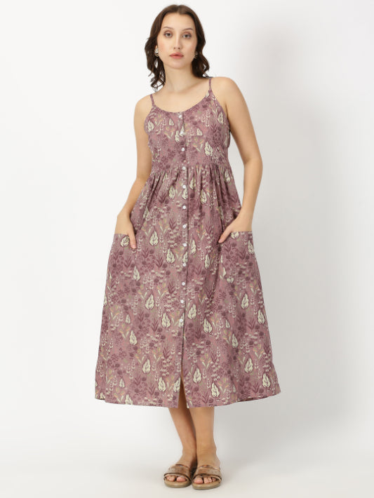 Mauve Leaf Print Strappy Midi Dress