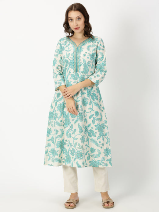 Sea Green Floral Print Kurta with Neck Embroidery