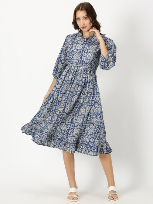 Blue Floral Print Boho Midi Dress with Belt