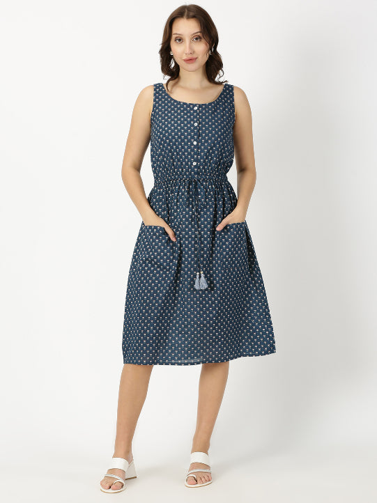 Navy Blue Lotus Print Midi Dress with Waist Tie-up