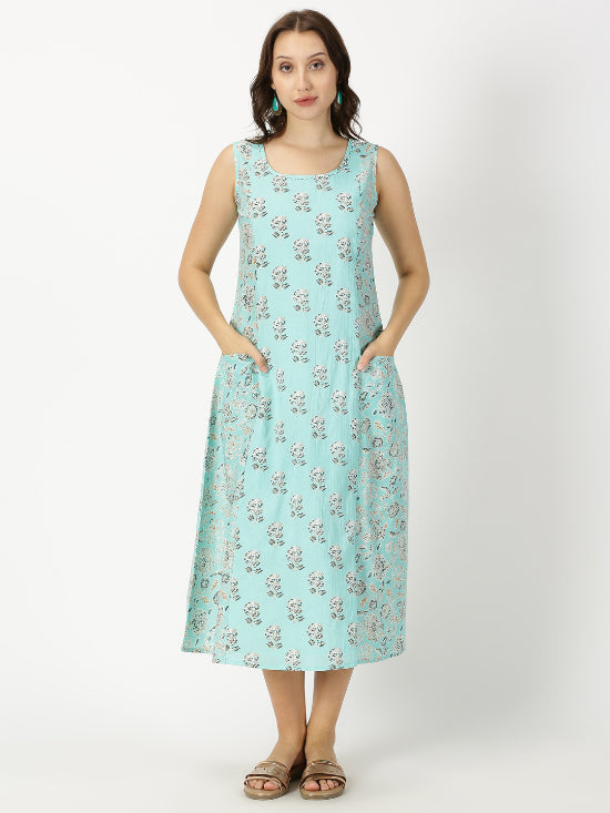 Turquoise Blue Floral Print Panelled Midi Dress