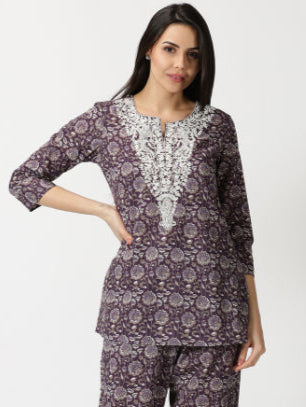 Purple Floral Cotton Tunic with Chikankari Embroidered Yoke