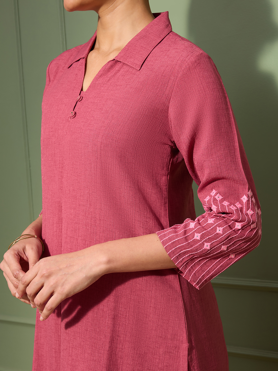 Blush Pink Embroidered Kurta Set with Pleated Pants for Women | Saffron Threads
