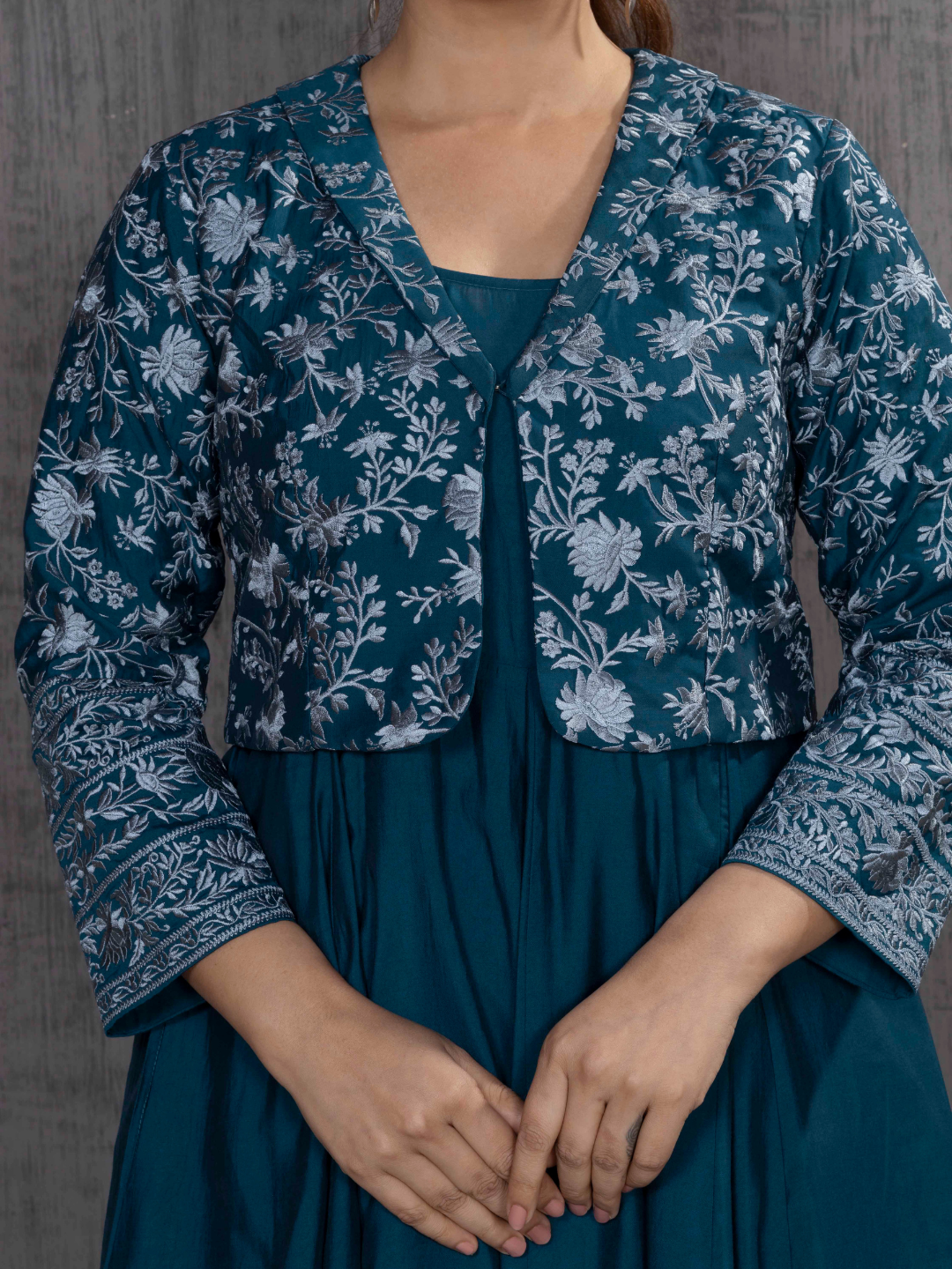 Teal Parsi Gara Emb Jacket With Dress Set