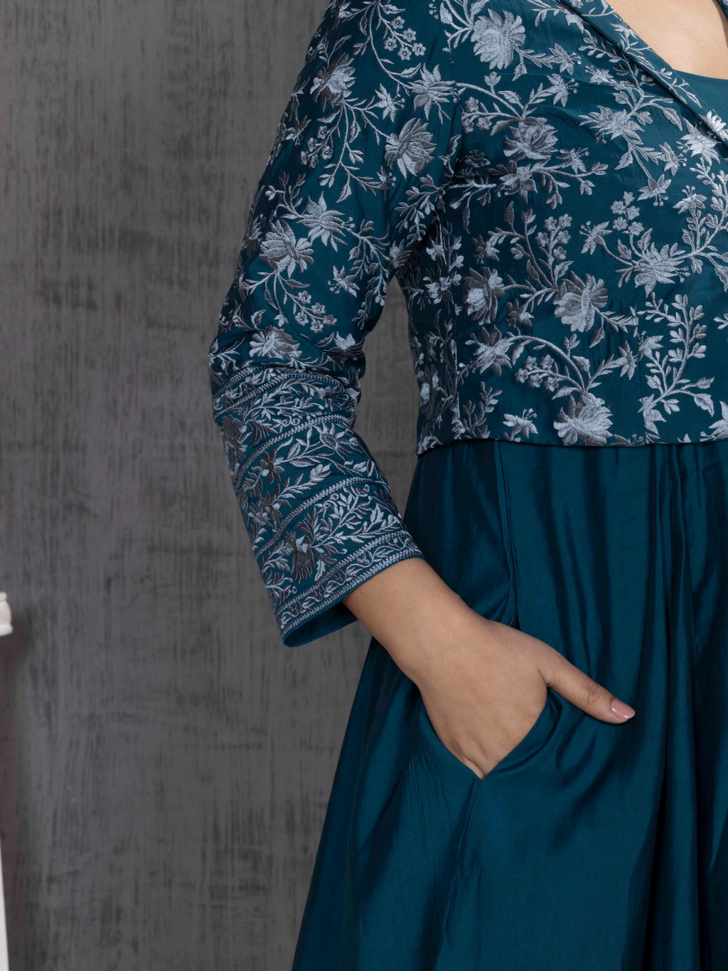 Teal Parsi Gara Emb Jacket With Dress Set
