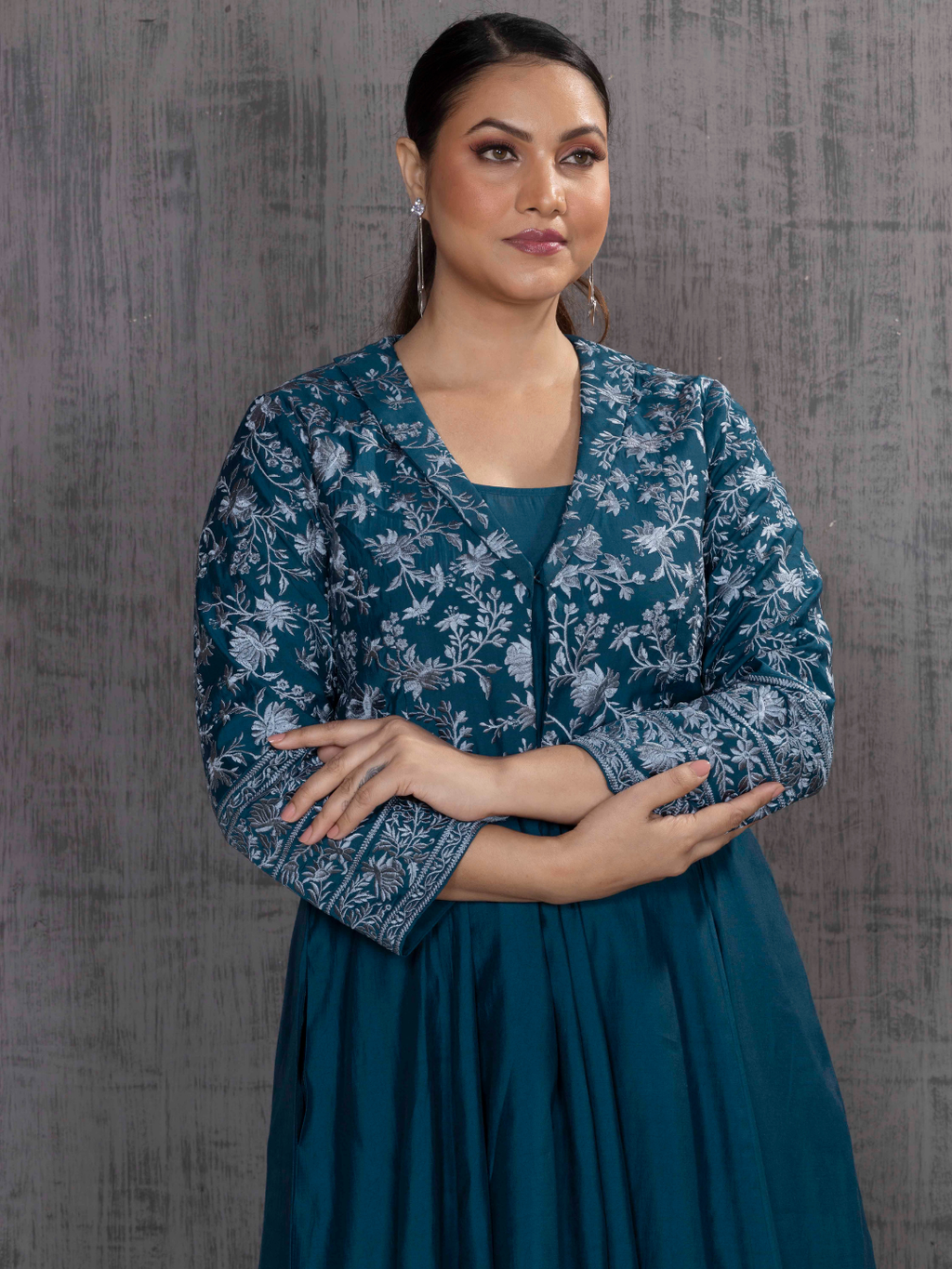 Teal Parsi Gara Emb Jacket With Dress Set