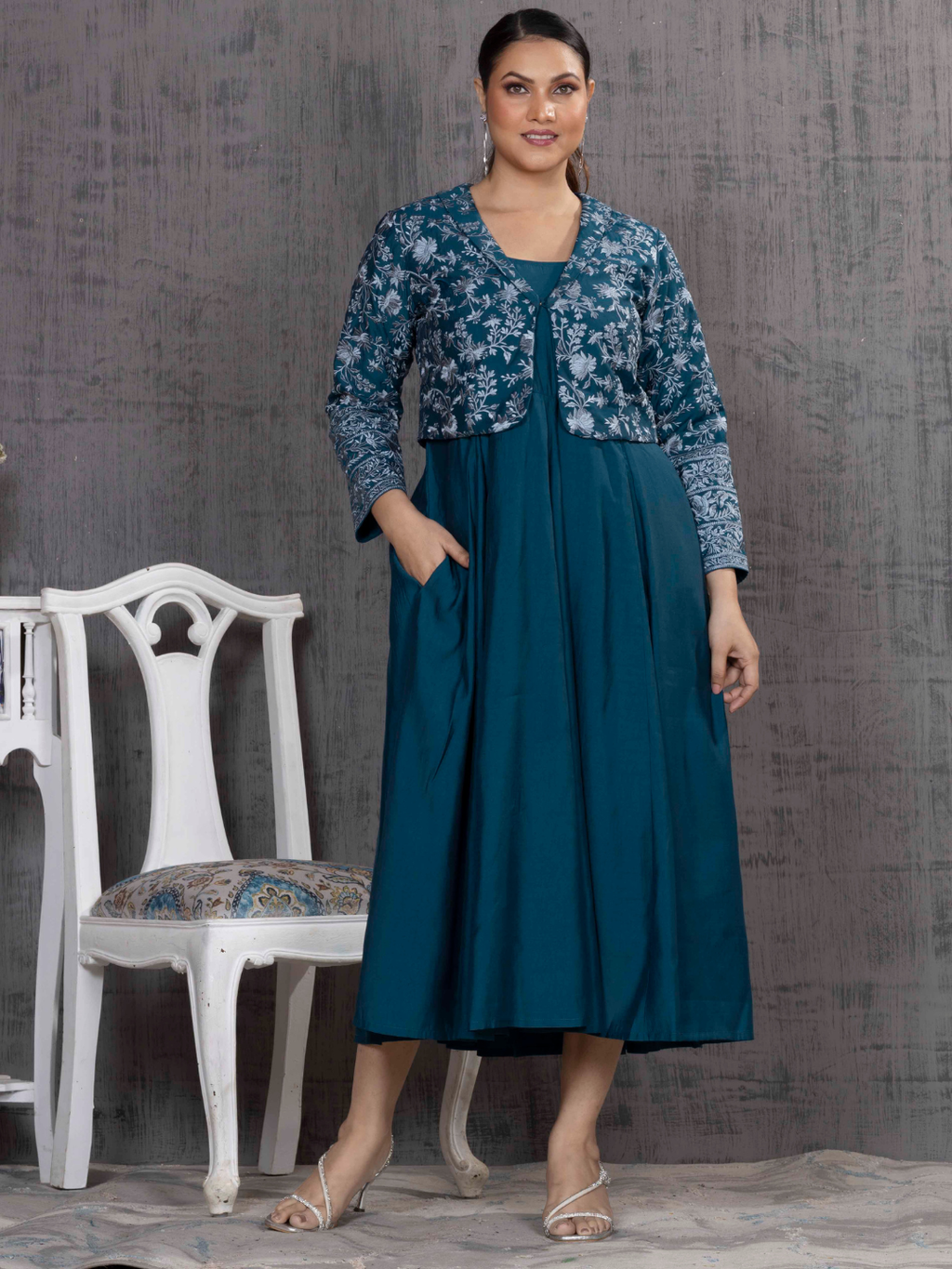 Teal Parsi Gara Emb Jacket With Dress Set