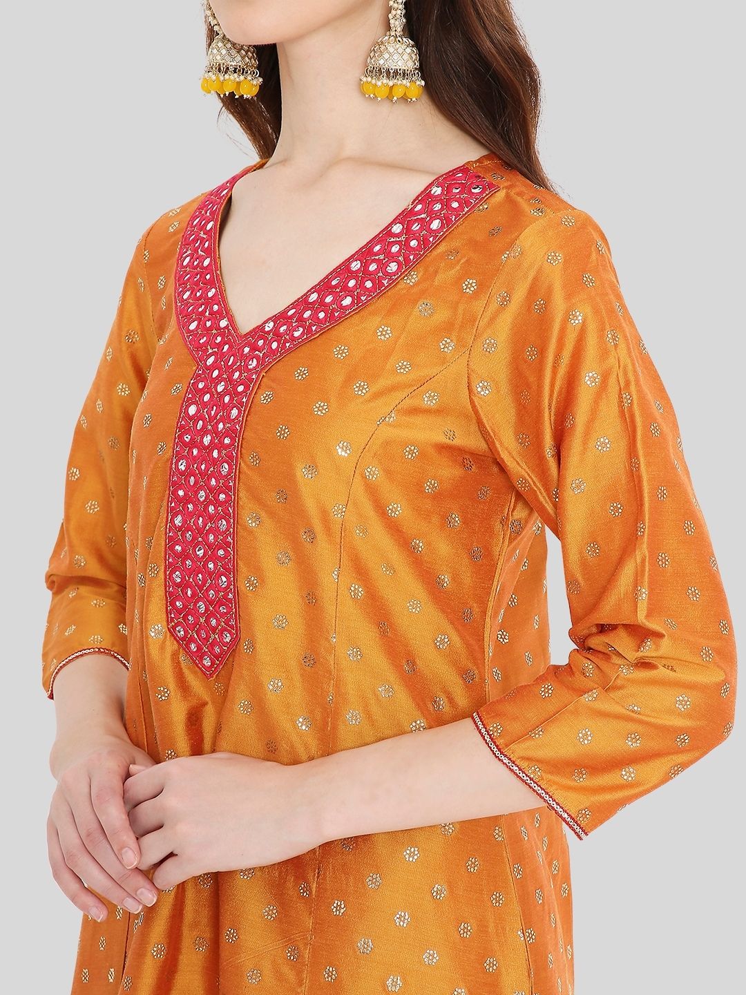 Mustard Art Silk Gold Mukaish Print Kurta Set With Neck Embroidery