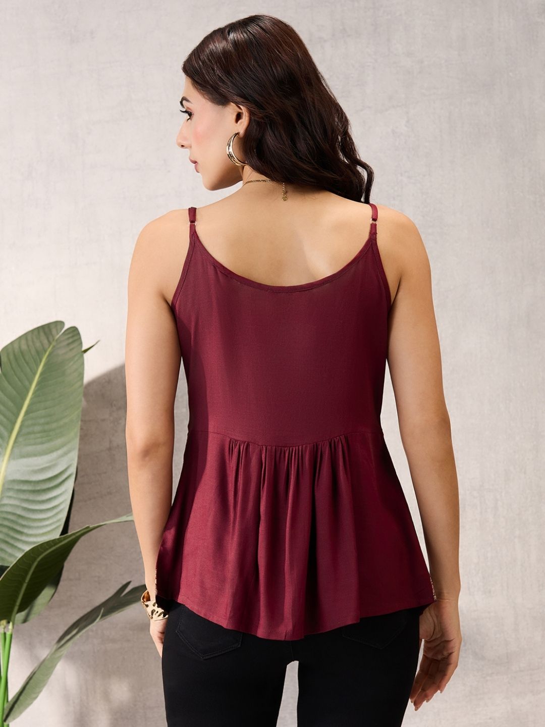 Wine Sleeveless Peplum Top with Lace Border