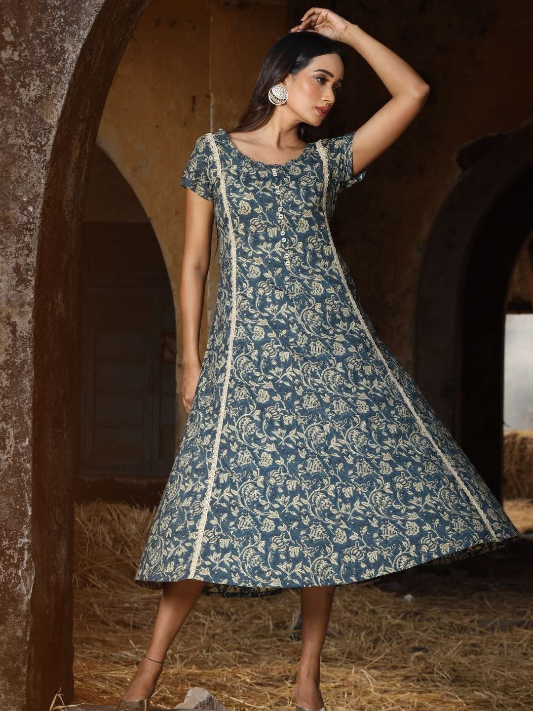 Blue Ethnic Floral Print Dress with Crochet Lace Inserts and Waist Tie –  Saffron Threads