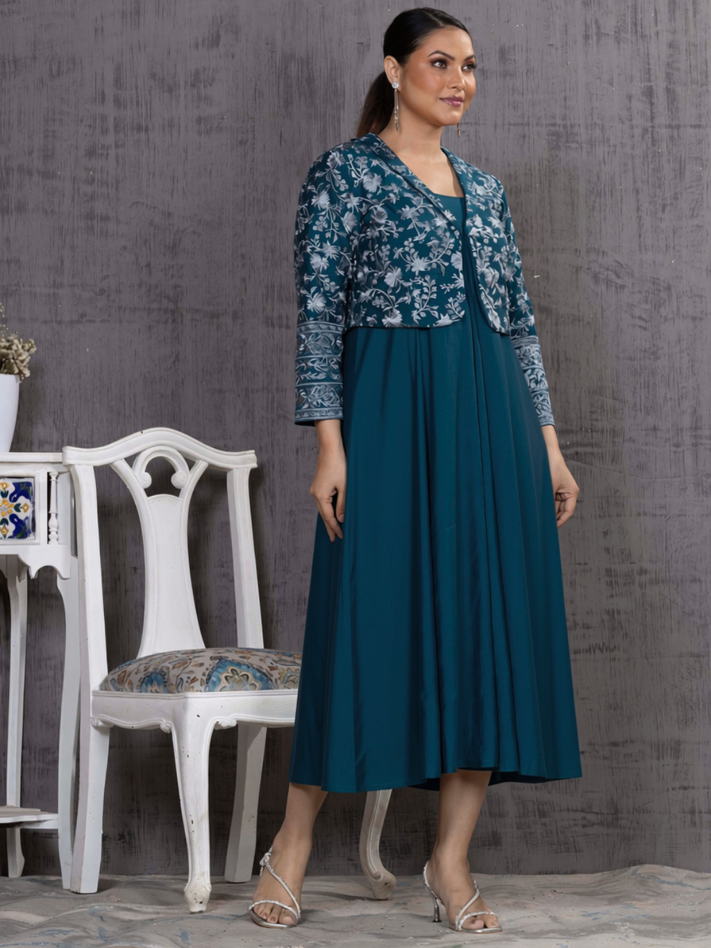 Teal Parsi Gara Emb Jacket With Dress Set